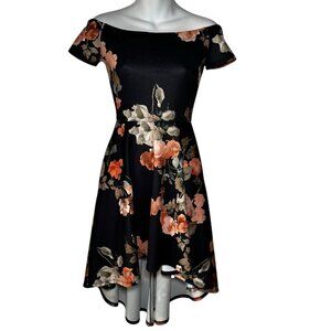 Lovely Day Black Floral Dress Off The Shoulder High Low Flowy Women’s Size S